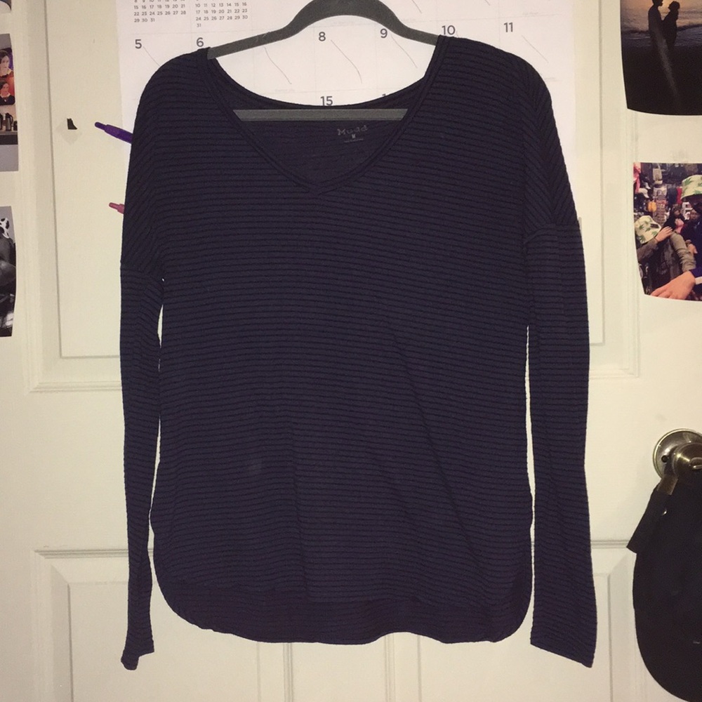 Long sleeved dark blue shirt with black stripes